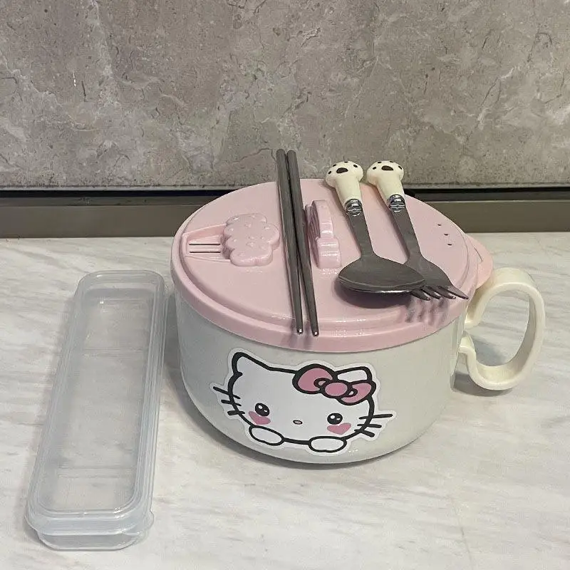 1300Ml Sus304 Sanrio moda Kawaii cuenco para niños Hello Kitty tazón grueso de dibujos animados estudiante cubierta de cuenco de fideos de gran capacidad