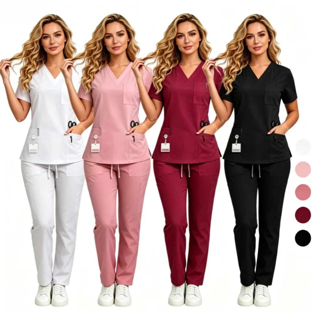 Men Short Sleeve V-Neck Scrub Uniform Set Soft Stretch Multi Pocket Drawstring Pants Hospital Clinic Spa Workwear
