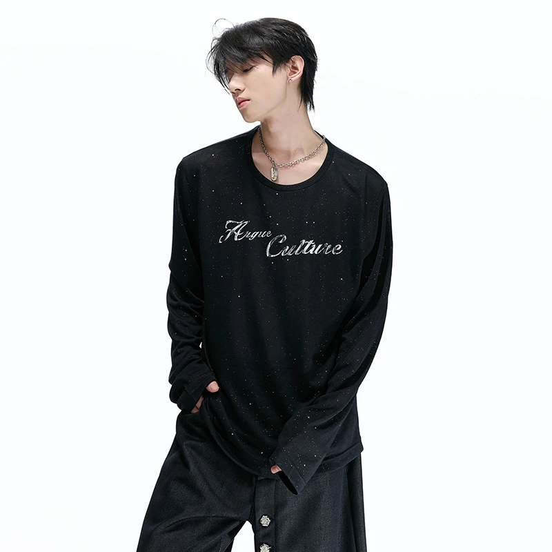 LUZHEN 2026 New Stylish Sequin Decorate Letter Pattern Back Hollow Design Long Sleeve T-shirts Men's Handsome Casual Tops JY8334