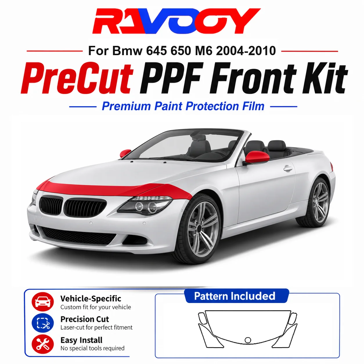 8.5mil TPU Precut PPF Kit For BMW 645 650 M6 2004-2010 - Hood, Fenders & Mirror Set - Self-Healing Clear Bra Film