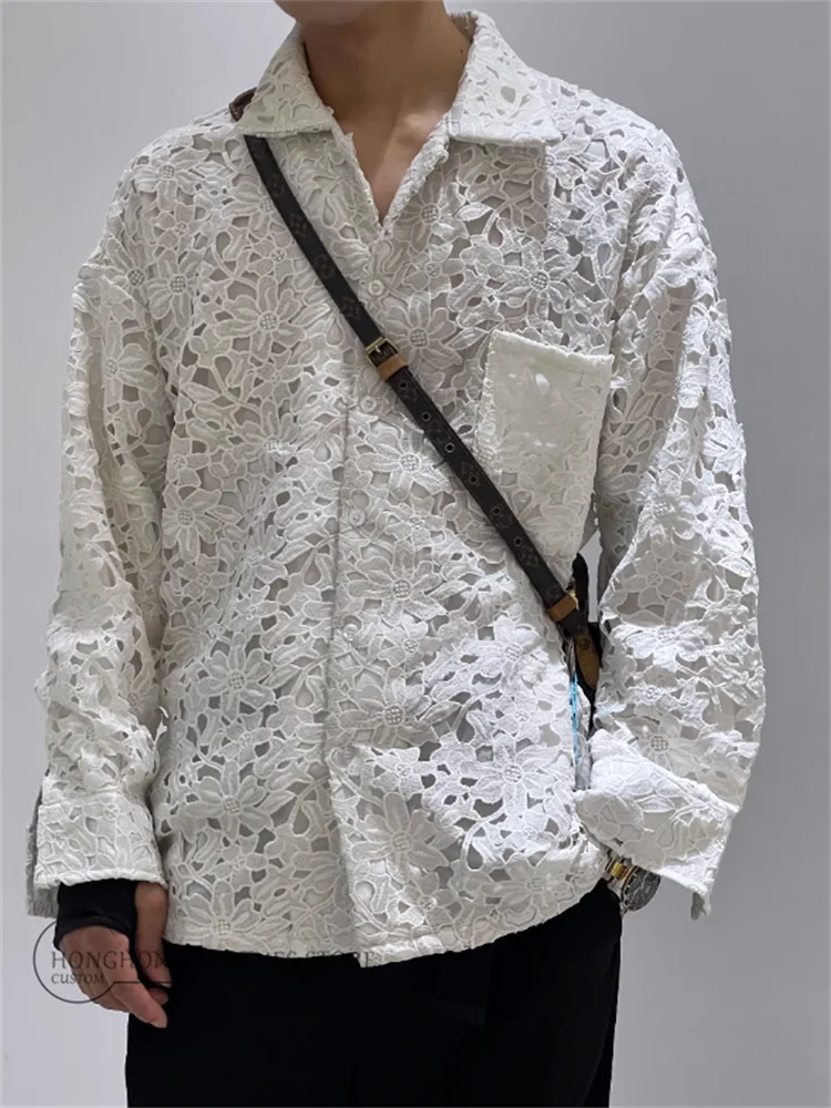 Hollow white lace thick autumn/winter opaque shirt original design jacket for men and women