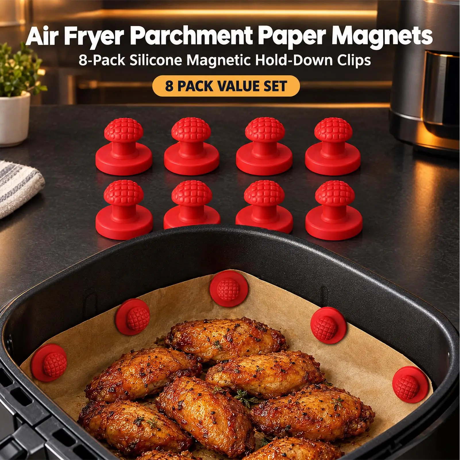 Air Fryer Magnets For Parchment Paper 8 Pieces Reusable Silicone Basket Clip 240 Degrees Celsius Heat Resistant Parchment Paper