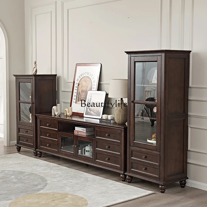 

TV Cabinet American Retro Light Luxury Solid Wood Living Room Household Small Apartment Country Style Tall Floor Cabinet