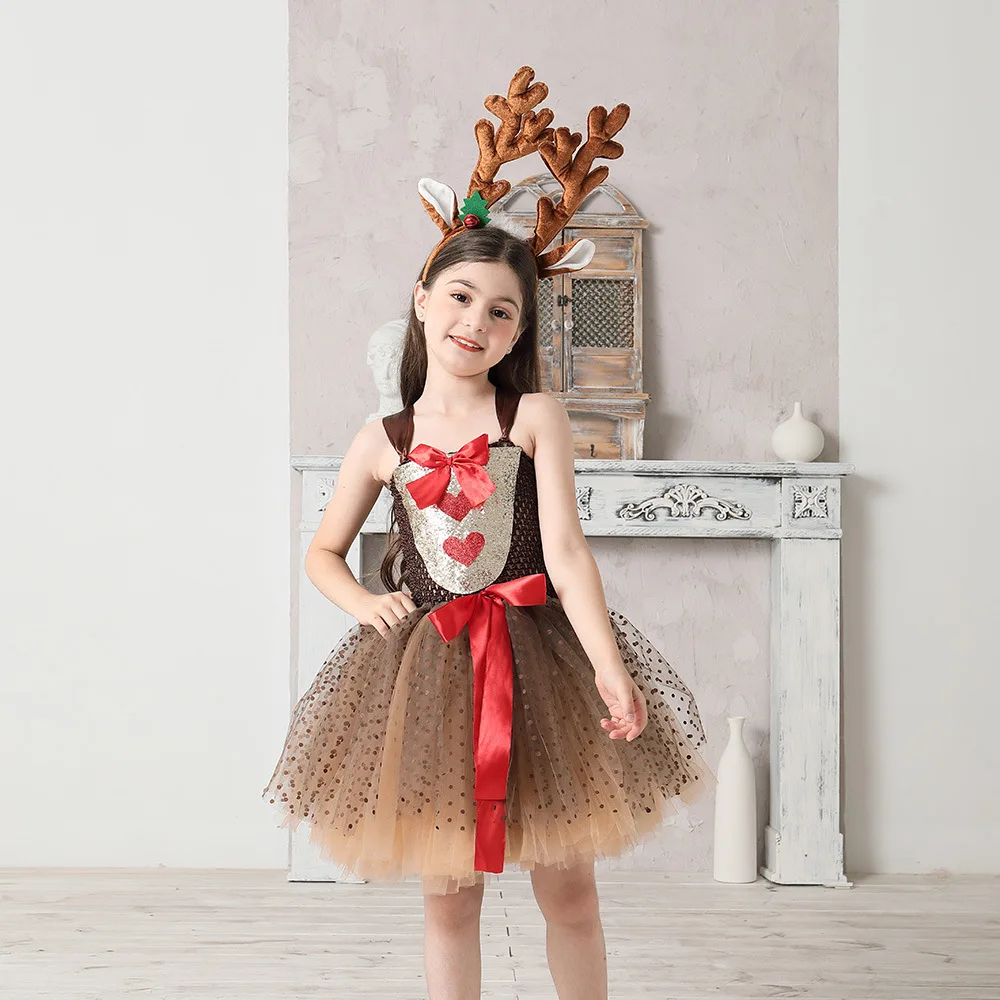 Vestidos de fiesta de Navidad y Halloween para niños, disfraz de Reno de Papá Noel, vestido de tutú de princesa de tul con conjunto de diadema