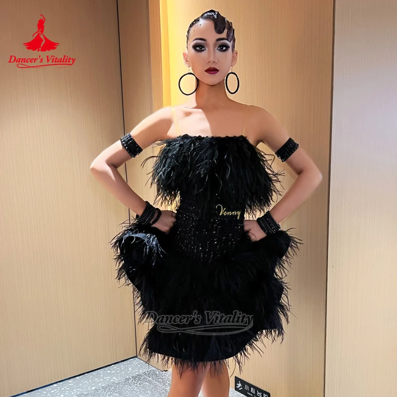 Teenagers Latin Dance Feather Style Sling Dress Women Adult Chacha Samba Contest and Perform Clothes Customize Dancer's Vitality