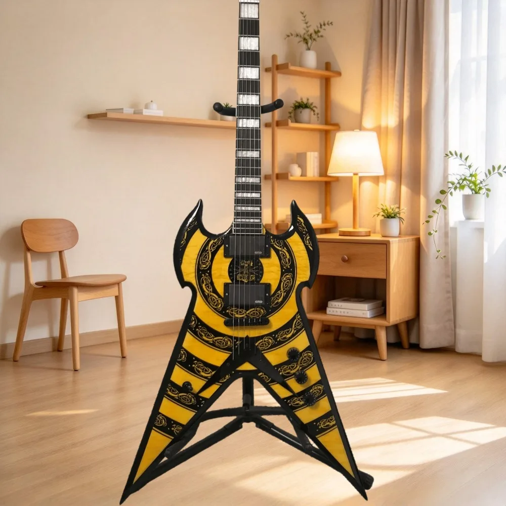 Yellow and Black Color-Blocked Print 6-String Mahogany-Body Electric Guitar, Dual Pickups, Sharp-Angled V-Shaped Custom Body—Electric Guitar for Unique Stage Performances