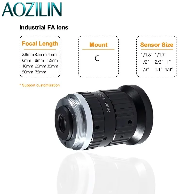 AOZILIN FA0810A 10MP FA Lens C-Mount 8mm Fixed Focus High Resolution Machine Vision
