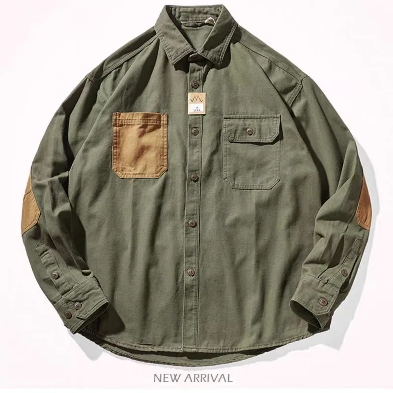 

Sleeve patch washed grain woven cotton long sleeve shirt Men's daily tooling retro trend youth thin coat Handsome Caucal Outwear