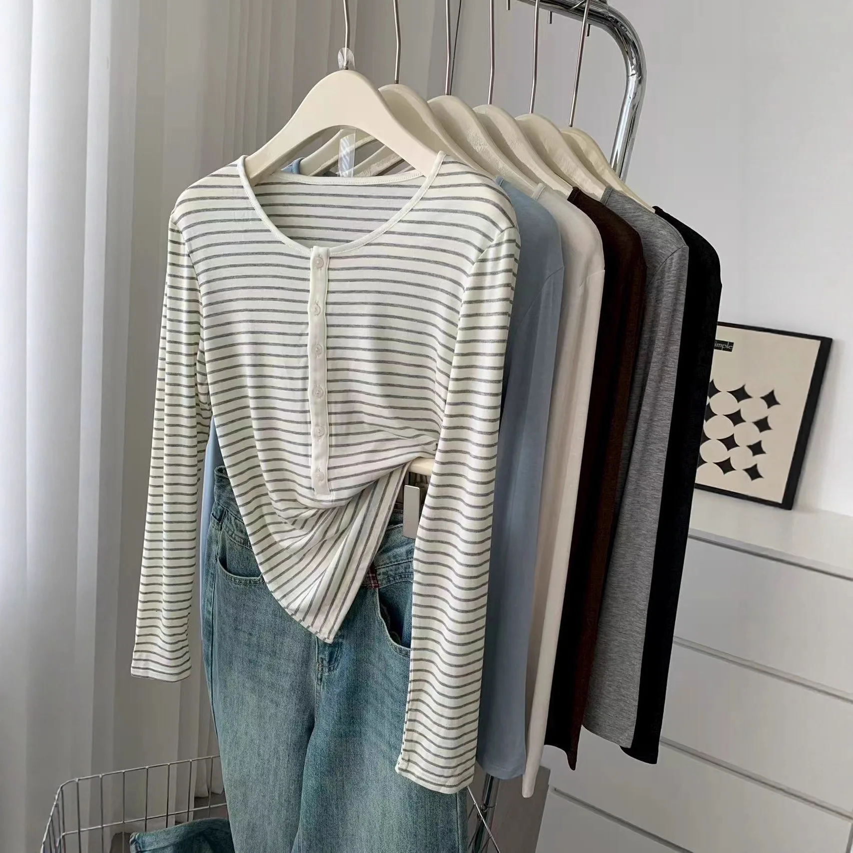 Classic Ladies Tencel Button Crew Neck Long Sleeve Early Autumn Solid Color Slim Fit Elastic Casual Knit Soft New Chic Tops