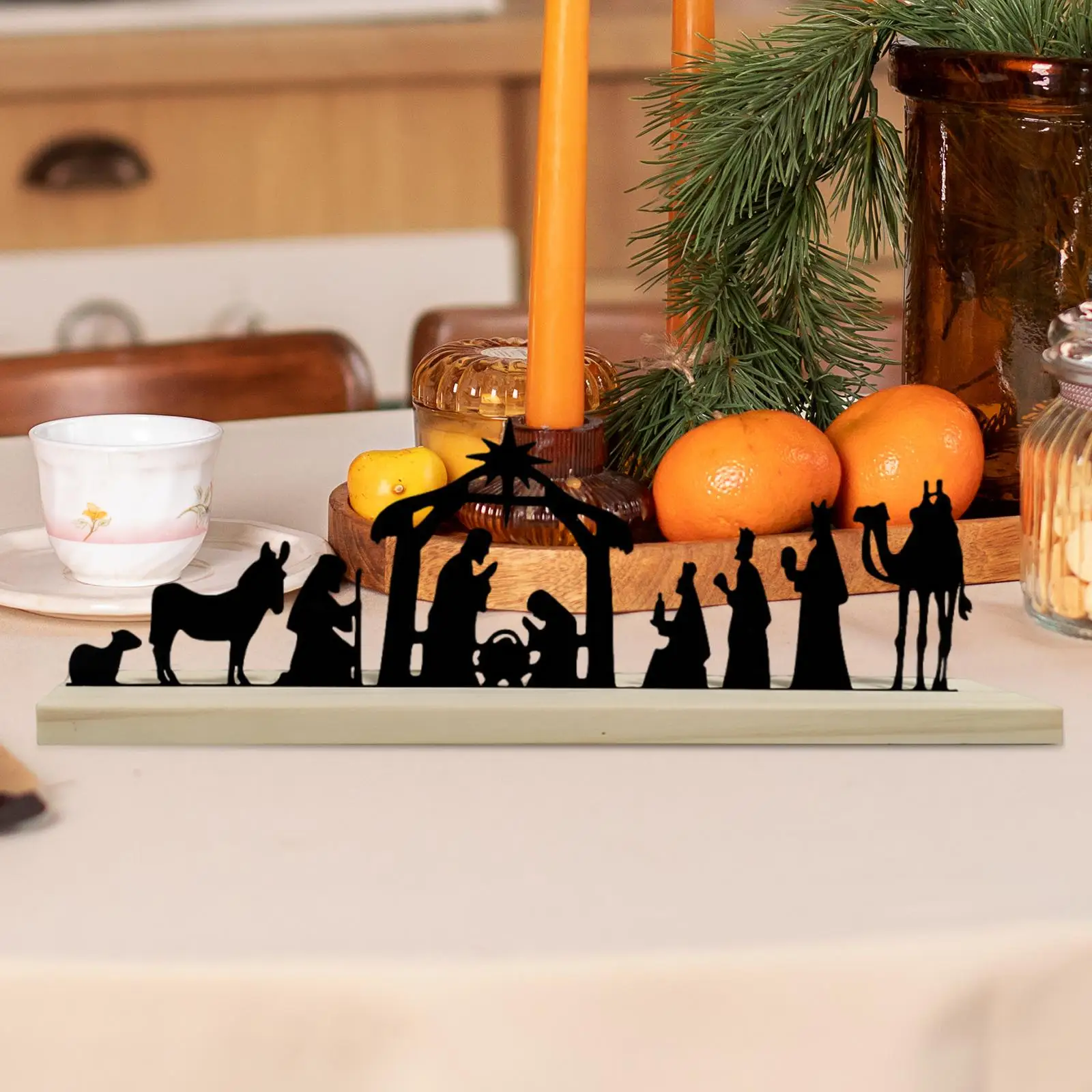 Christmas Metal Nativity Scene Silhouette Table Decor Rustic Style for Holiday Home Interior Decoration