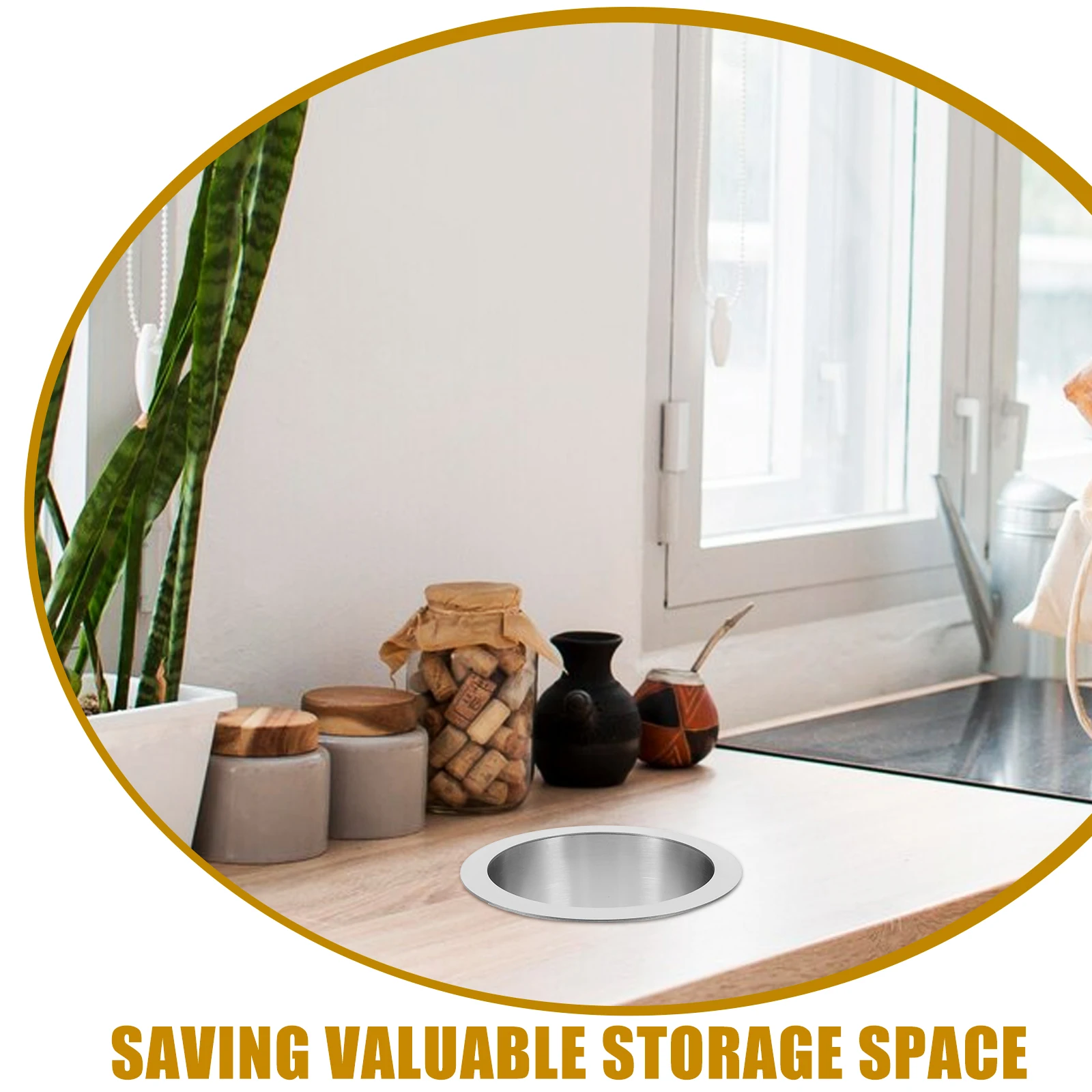 

Stainless Steel Built-in Trash Chute Round Countertop Garbage Holder Small Bin Corrosion Resistant Easy Replace Bag