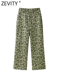 ZEVITY 2024 Pantalones rectos con bolsillo lateral y estampado de leopardo a la moda para Mujer, pantalones largos elegantes con cremallera para Mujer P301