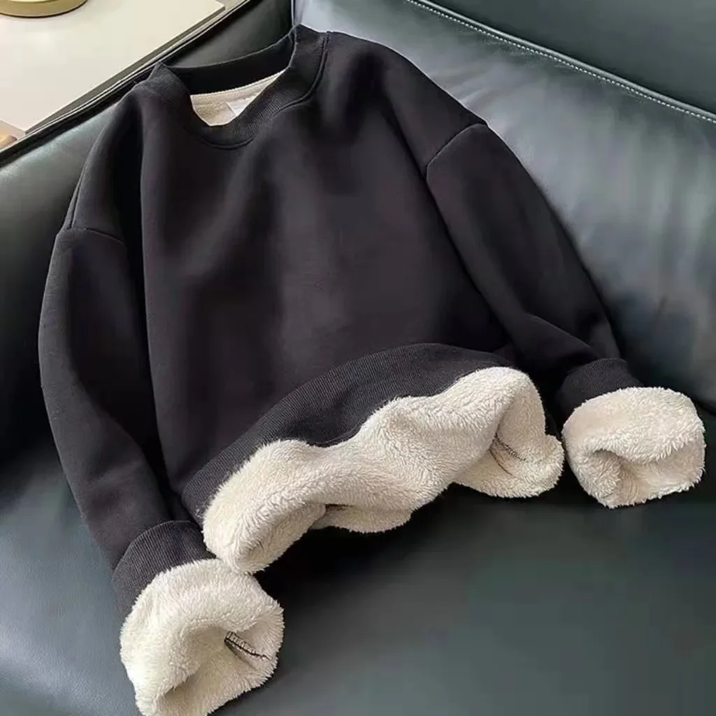 Men Winter Fleece Thickened Sweatshirts Male Retro Casual O-neck Long Sleeve Hoodie Tops 2023 Solid Basic Warm Loose Pullovers