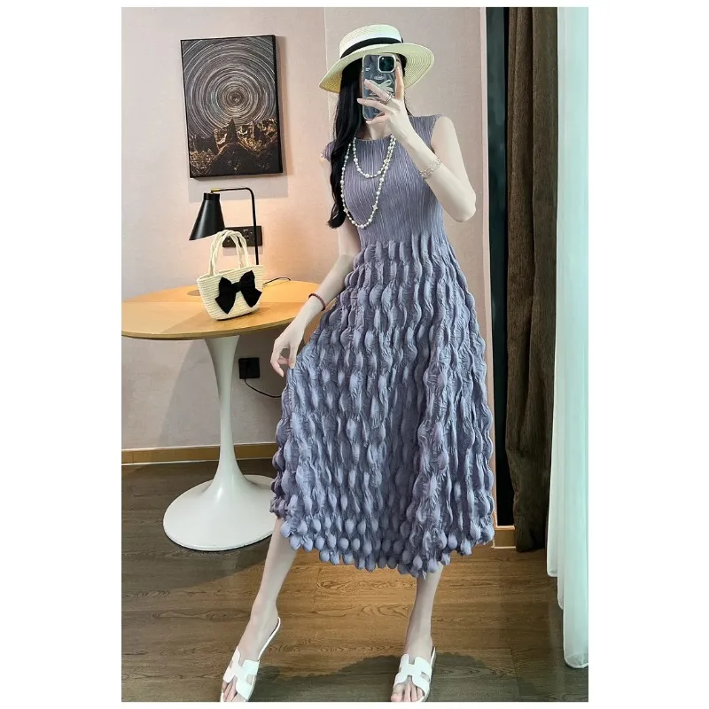 SMVP 여성용 라운드 넥 민소매 버블 플리츠 드레스, 루즈한 대형 디자인, 우아한 단색 파티 원피스, 2025 여름 신상