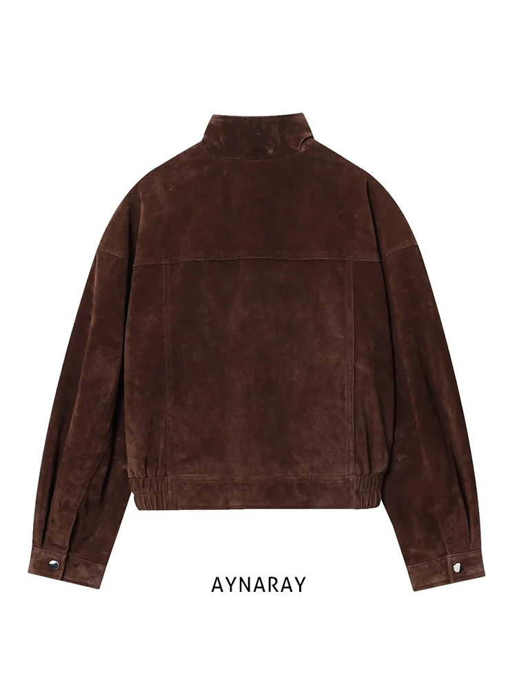 Aynaray 2026 Autumn Winter Women's Cropped Suede Bomber Jacket Stand Collar Zip Up Short Vintage Flight Jacket Outerwear