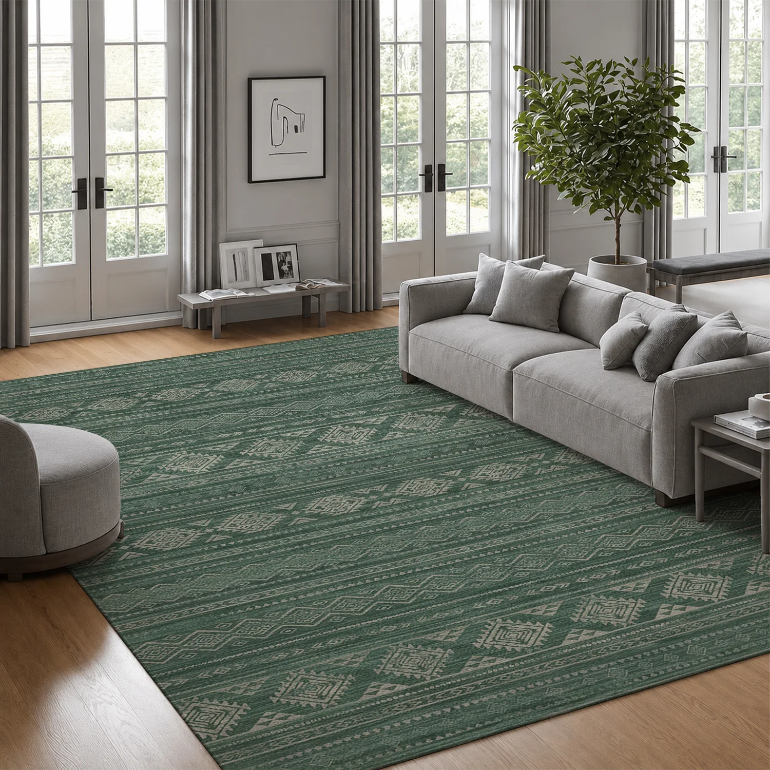 Large Indoor Area Rug, Soft Velvet Low Pile Non-Slip Dotted Backing, Machine Washable Tribal Geometric Striped Muted Sage Green Rug for Living Room, Bedroom, Entryway