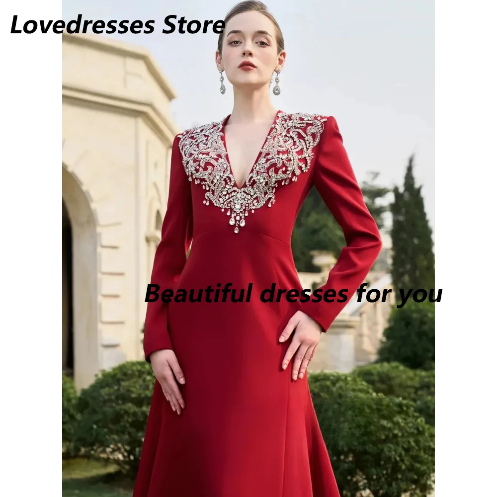 Red Evening Dress Customized V Neck Long Sleeves Beading Stone A Line Sweep Train Formal Prom Gowns Modern Prom Dress