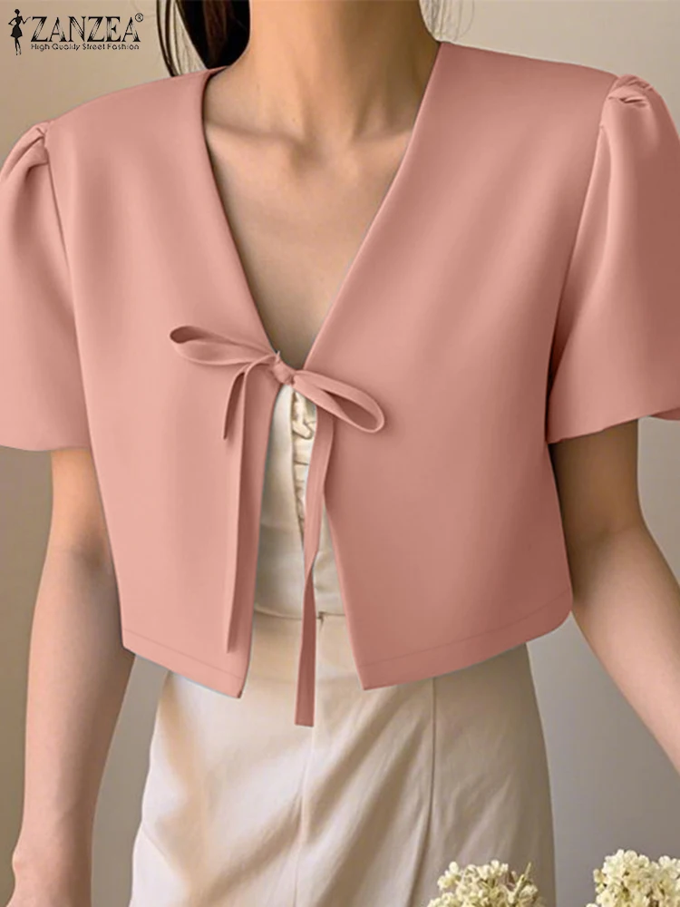 

ZANZEA Women Summer Blouse Solid Cardigan Stylish Lace Up Holiday Shirt Elegant Woman Tops Tunic Casual Short Sleeve Work Blusas