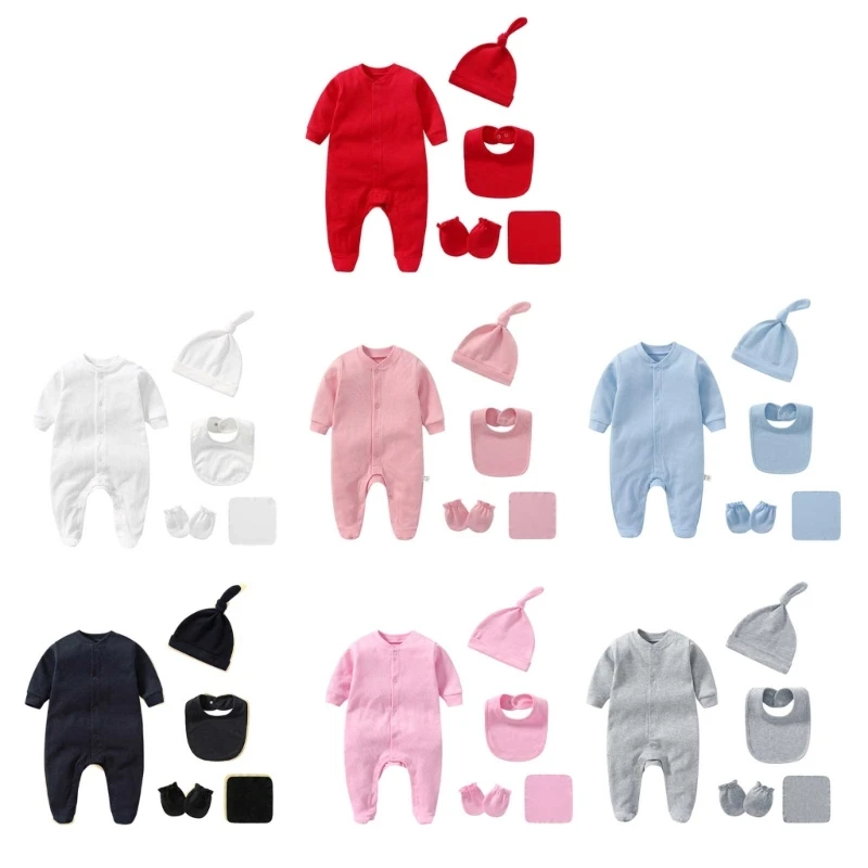 

RIRI 5-in-1 Newborn Baby Romper Cotton Bodysuit Breathable One-piece Garment with Baby Bib Anti-grasp Gloves for 0-3 Months