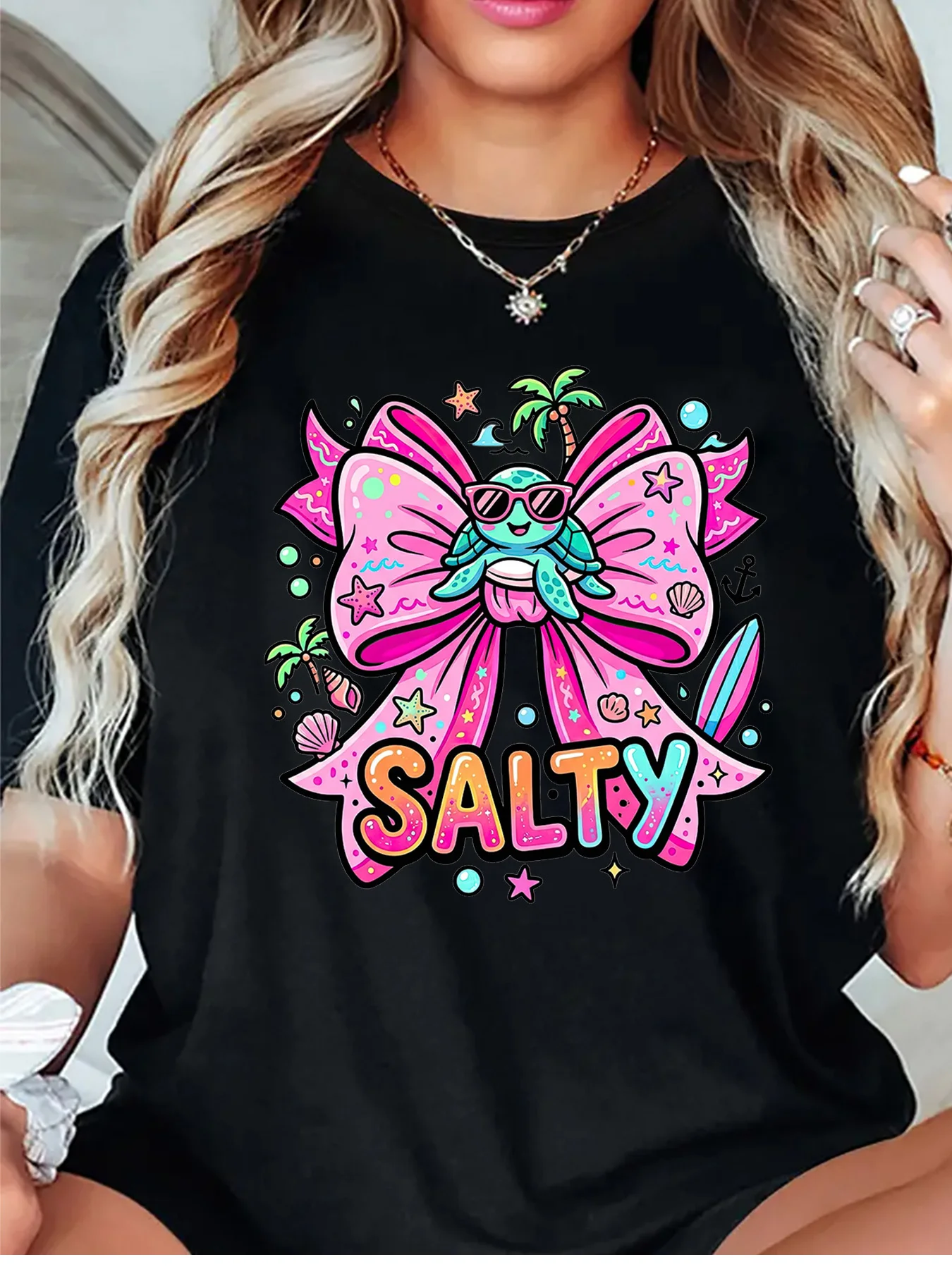 Salty Cute Sea Turtle Pink Bow Starfish Shell Beach Summer Graphic Womens T Shirt Short Sleeve Crew Neck Casual Ladies Tee Tops