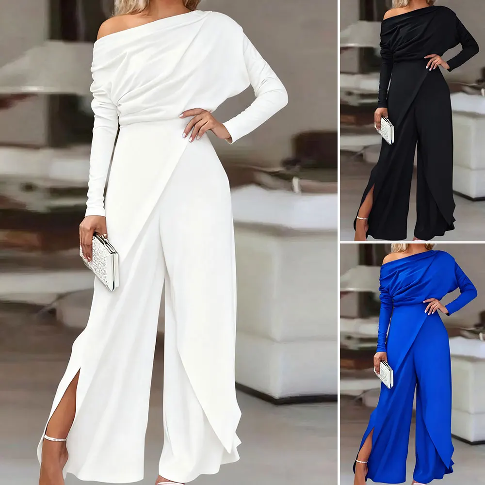 

2025 Jumpsuits for Women Plain Elegant Office Lady Loose Ruched One Shoulder Split Hem Wide Leg Jumpsuit
