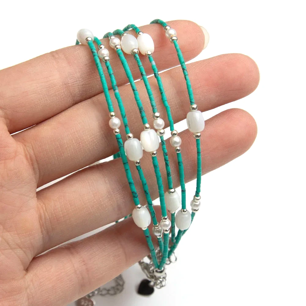 

Double-layer Bracelets 2-5mm Natural Shell and Turquoise White Drum Shell Tube Blue Turquoise Beads Birthday Gift Women Jewelry