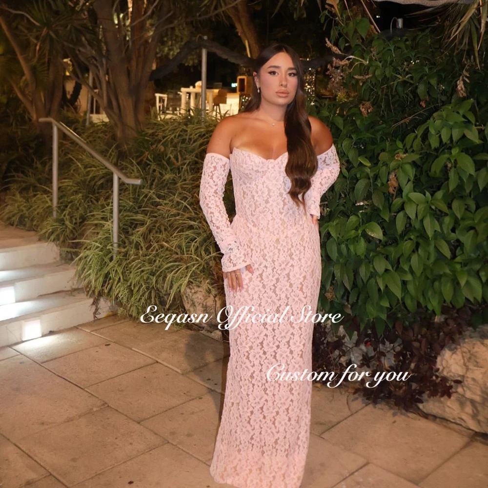 Lace Mermaid Evening Dresses Woman Elegant Corset Back Strapless Luxury Light Pink Formal Dress Detachable Sleeves Customized