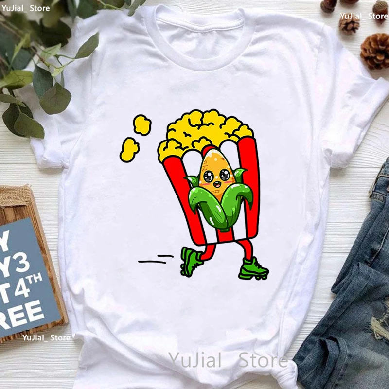 Funny Corn Popcorn Print Tshirt Girls Harajuku Shirt Summer Fashion Tops Tee Shirt Femme Short Sleeve T-Shirt Women Streetwear