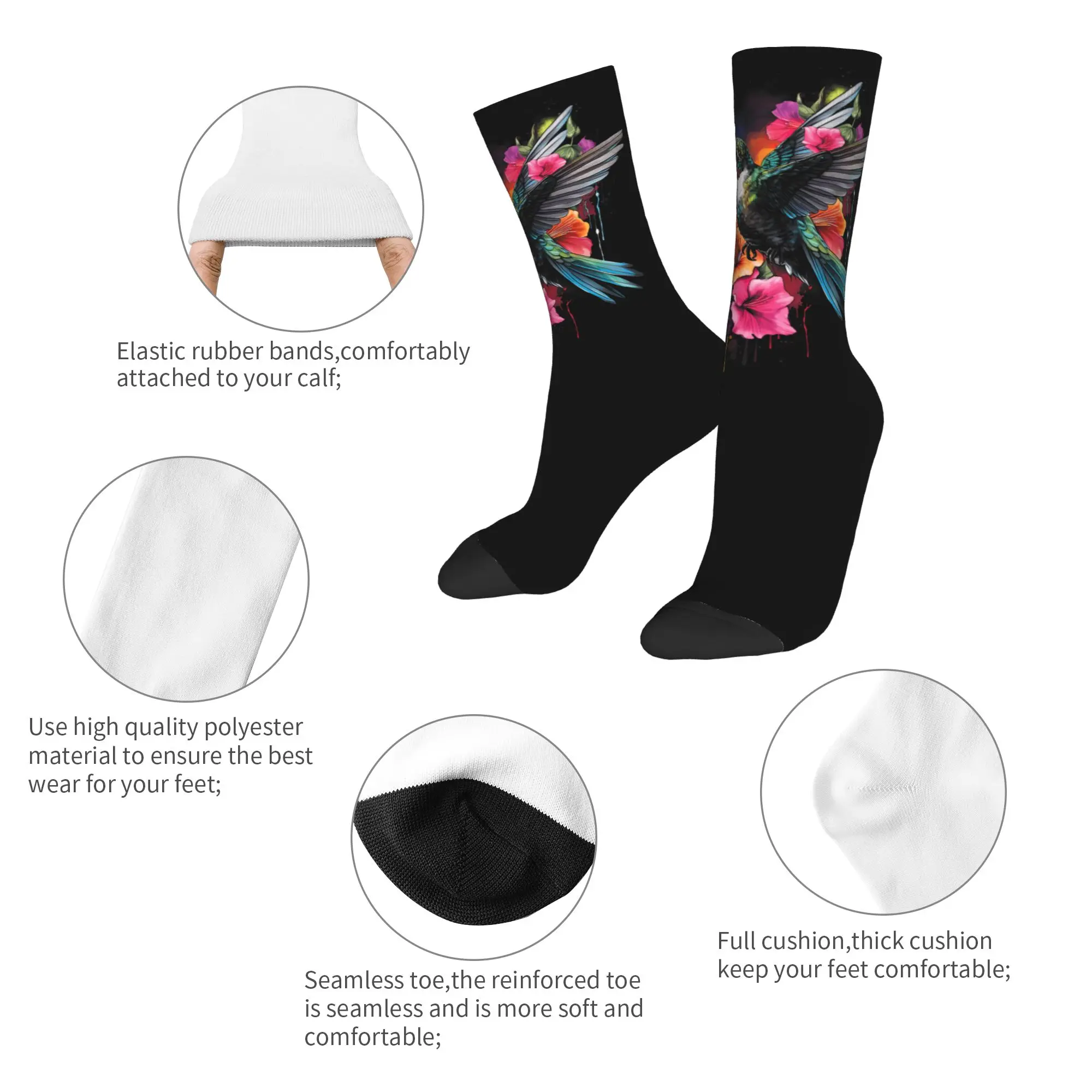 Autumn Winter Harajuku Unisex Hummingbird Animal Lover Art Tropical Bird Socks  Sweat Absorbing Sports Socks