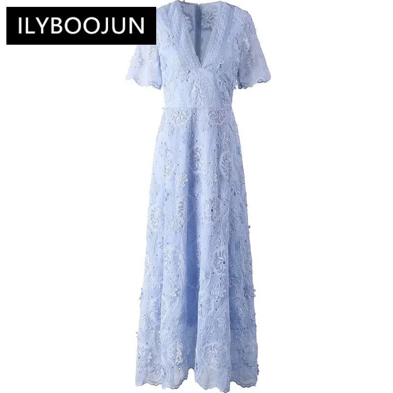 

ILYBOOJUN Fashion Designer Women's Dress Summer V-Neck Short Sleeve Chic Lace Hollow Out Solid Color Dresses