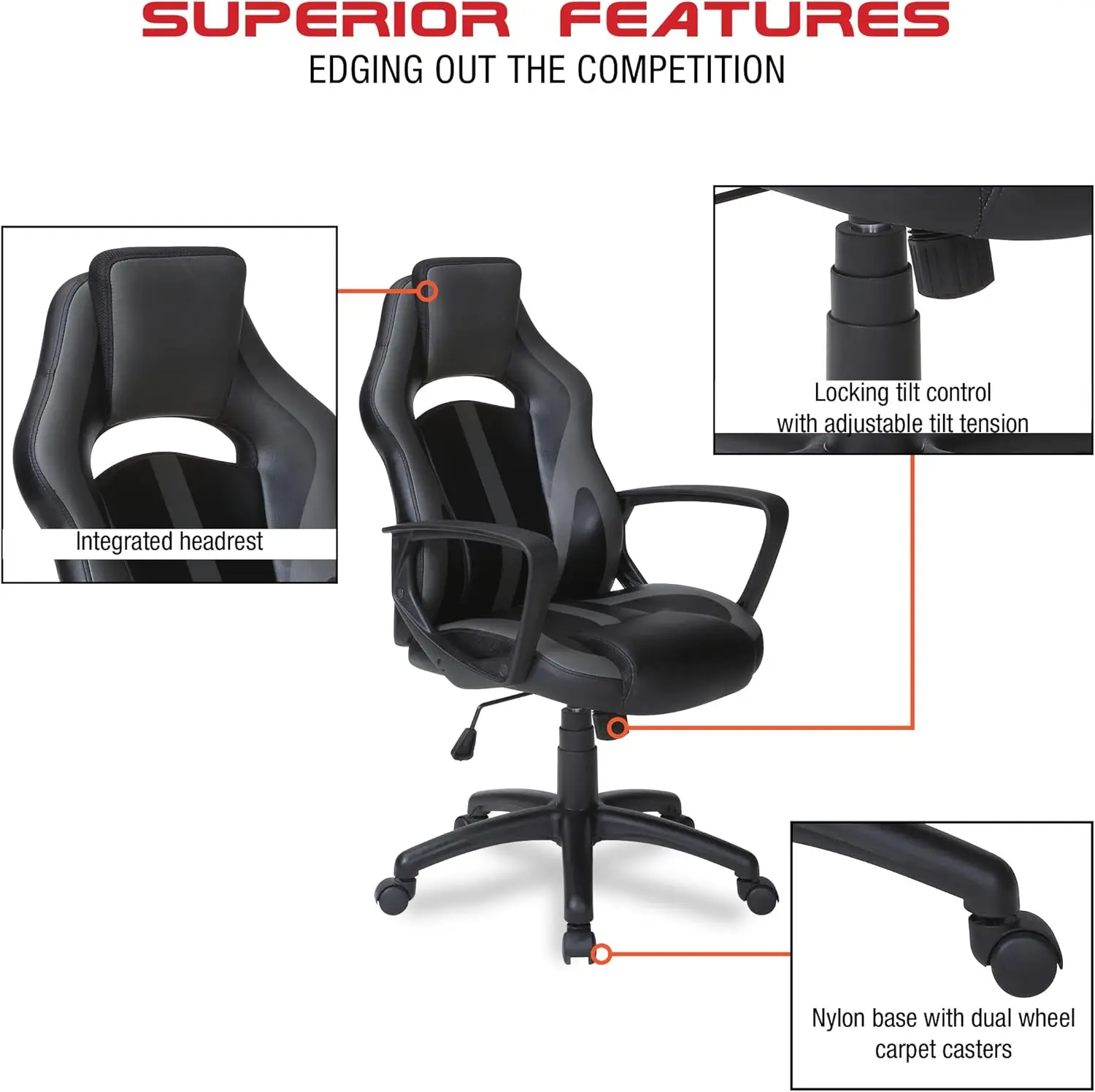 Home Furnishings Influx Adjustable Faux Leather Gaming Chair with Lumbar Support and Full 360 Rotation