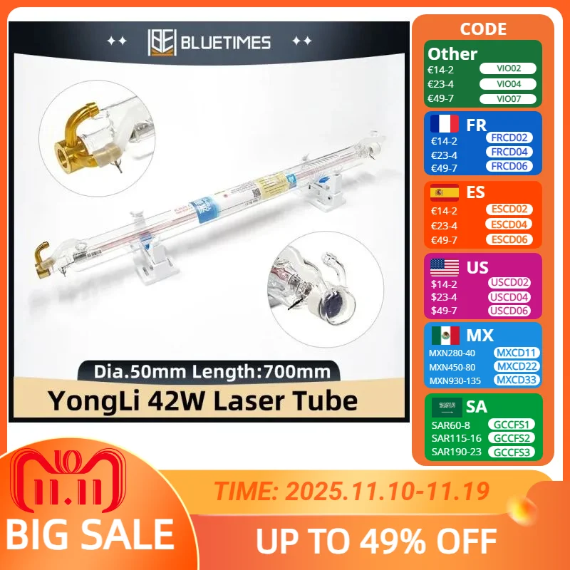 

BLUETIMES 42 Вт Лазерная трубка CO2 Лазерная стеклянная трубка диаметром 50 мм Длина 700 мм для Co2 Лазерная гравировальная режущая машина Заводская поставка