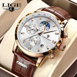 LIGE Fashion Man Watch Luxury Sport Mens Watch Waterproof Luminous Leather Strap Date Quartz Watches Men Chronograph Male Clock