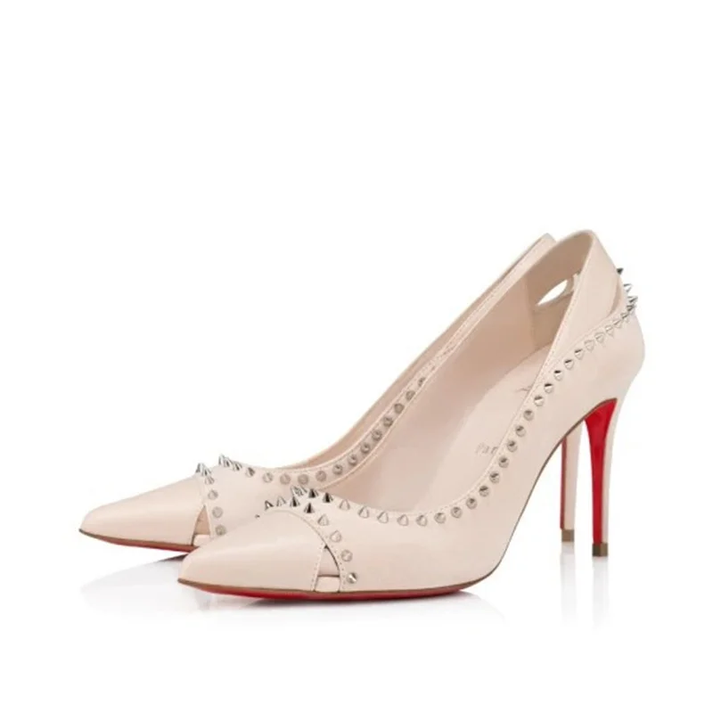 

New black studded slim high heels with pointed party suede high heels for women's sexy light shoes Zapatos Para Mujere