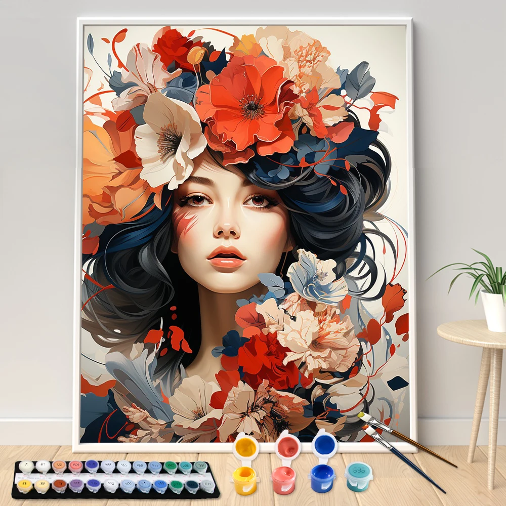 Malen nach Zahlen 40x50cm Sets Buntes Blumen-Frauenbild nach Zahlen für Heimdekoration Handgemaltes DIY-Geschenk