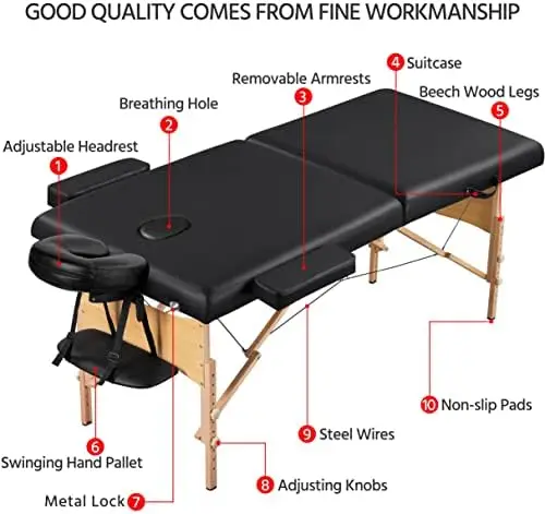 84x28in Portable Massage Table Folding Adjustable Lash Bed, Black | Beechwood legs, roomy 28in foam top give sturdy