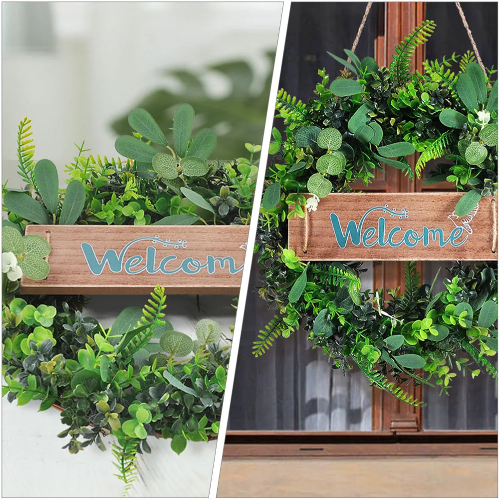 

1 Set Artificial Wreath Hanging Decor Simulation Garland Wooden Pendant Removable Home Wedding Festival Spring Fake Leaf Green