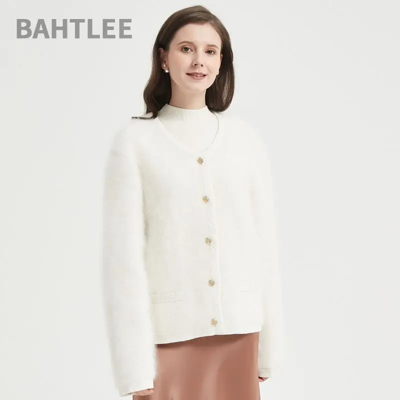 BAHTLEE-Women's Angora Knitted Cardigans, Single-Breasted Sweater, Wool Coat, Long Sleeves, O-Neck, Winter