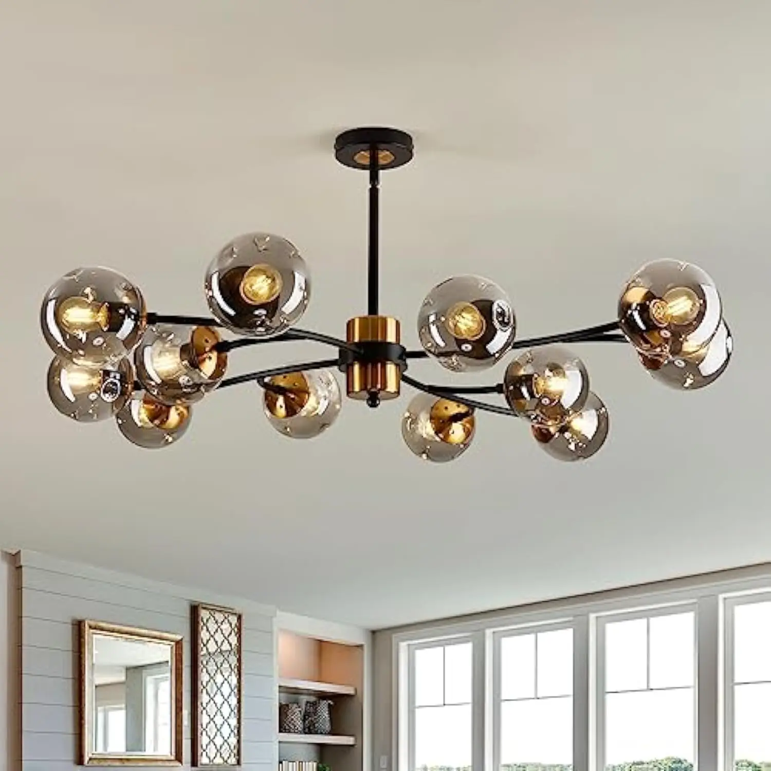 

12-Light Large Sputnik Chandelier with Glass Globe Mid Century Modern Matte Black and Gold Ceiling Light Fixture Vintage Pendan