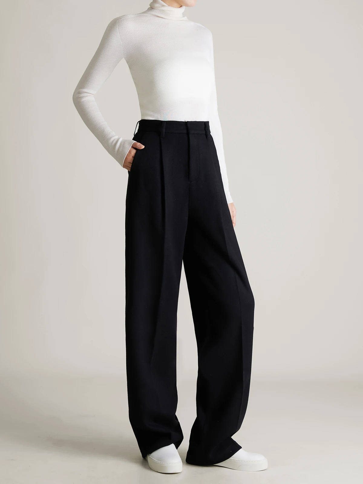 

High Waist Wide Leg Woolen Trousers Thiened Bla Wool Blend Casual Pants Fem Suit Pants Winter Collection Commute Sle