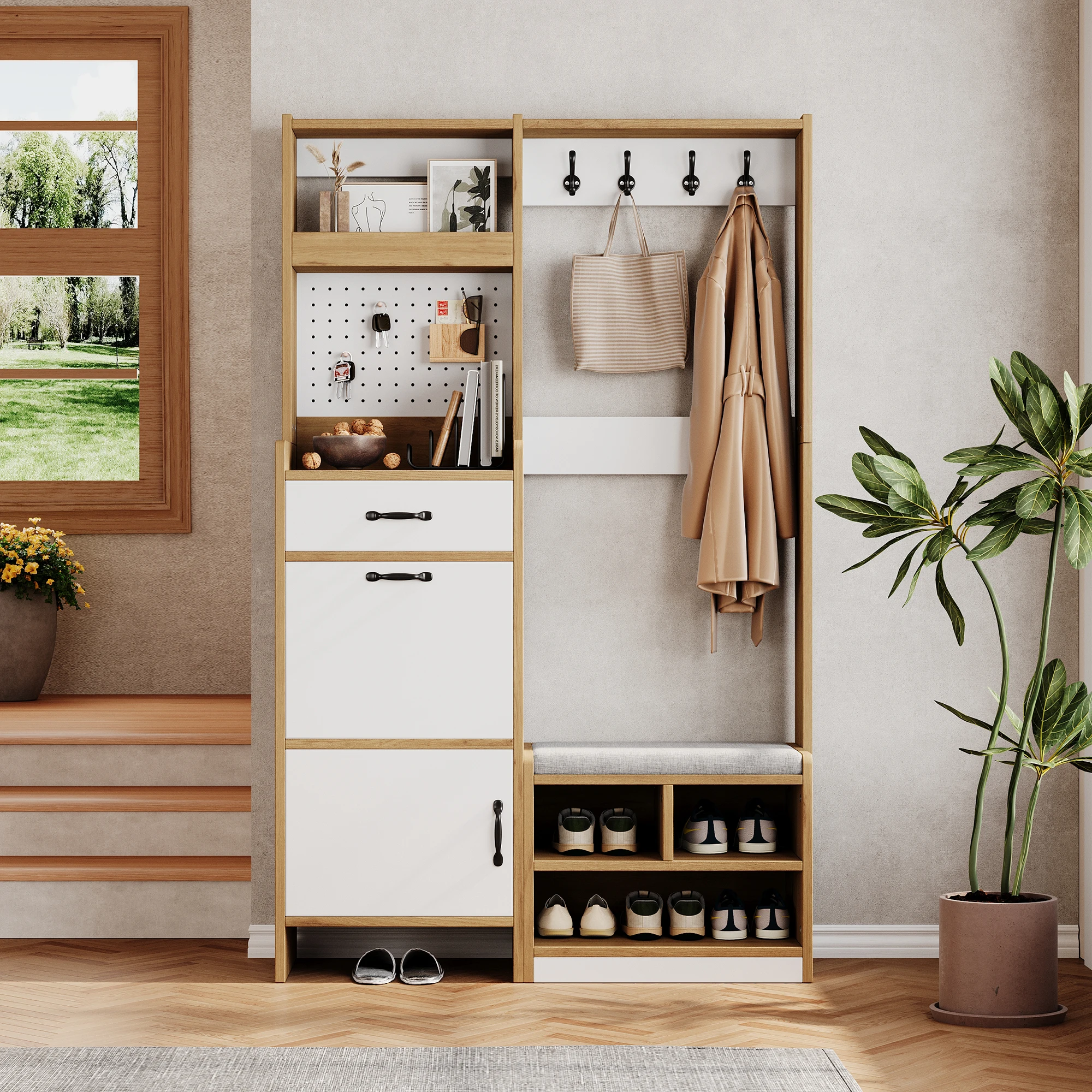 Moderner Flurschrank Garderobenschrank mit Schuhschrank und Sitzbank, Kleiderhaken, 1 Schublade, 1 Klappfach, 1 Schranktür und offenem Stauraum, praktisches Möbel für Eingang Diele, Farbe