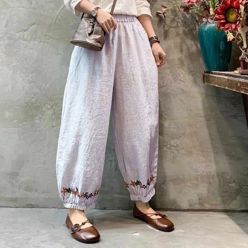 Casual Women\'s Clothing Loose Cotton Flax Trousers Ladies Vintage Elastic Waist Bloomers Spring Autumn Comfortable Solid Pants