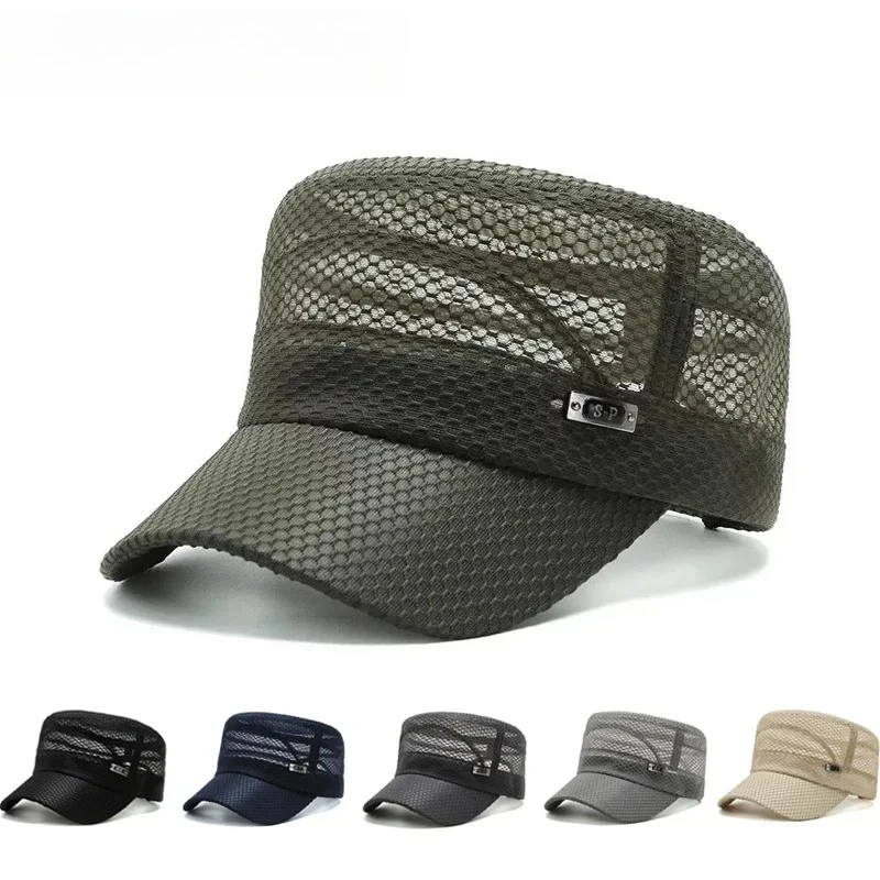 Nueva gorra militar para hombre, gorra de cadete de malla transpirable de verano, gorras informales del ejército, gorras planas para mujer, gorras de protección solar de marca