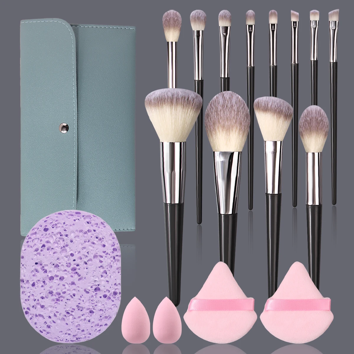 Conjunto de 18 Pincéis de Maquiagem Profissionais com Estojo de PU, Incluindo Pincéis, Esponjas de Maquiagem, Puffs de Pó e Esponja de Limpeza, Kit Co