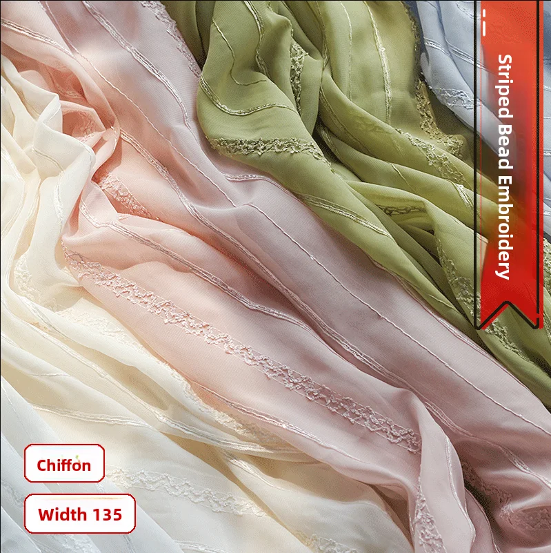 

New Fre Sle Chiffon Striped Hook Embroidery Bead Fabric Dr irt Clothing Material Single Color Dyeing DIY Home Fabric