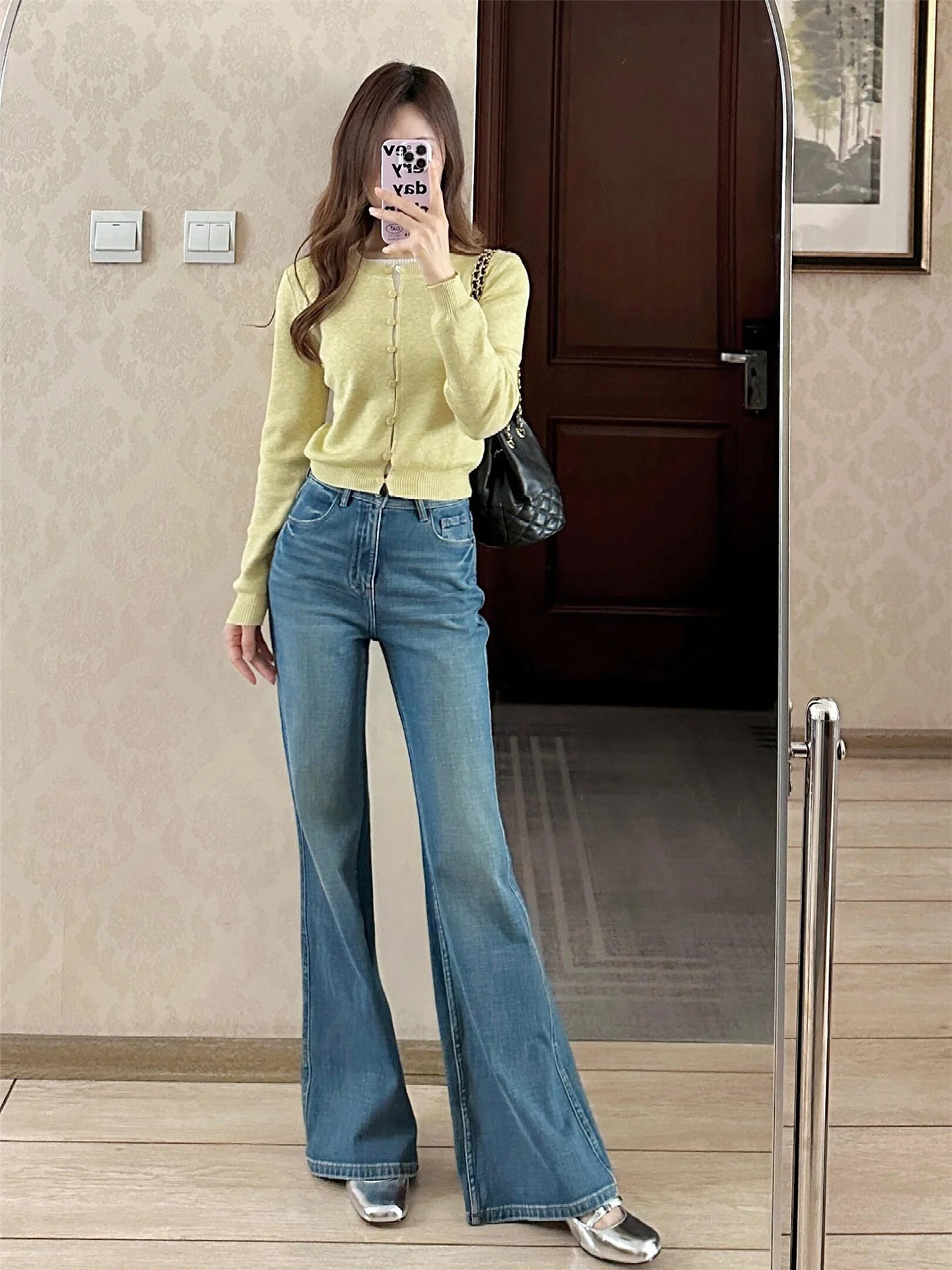 

Джинсы женские с высокой талией, удлиненные, винтажные, синие, микро-клеш, свободного кроя, повседневные, из хлопка, буткат, длина в пол