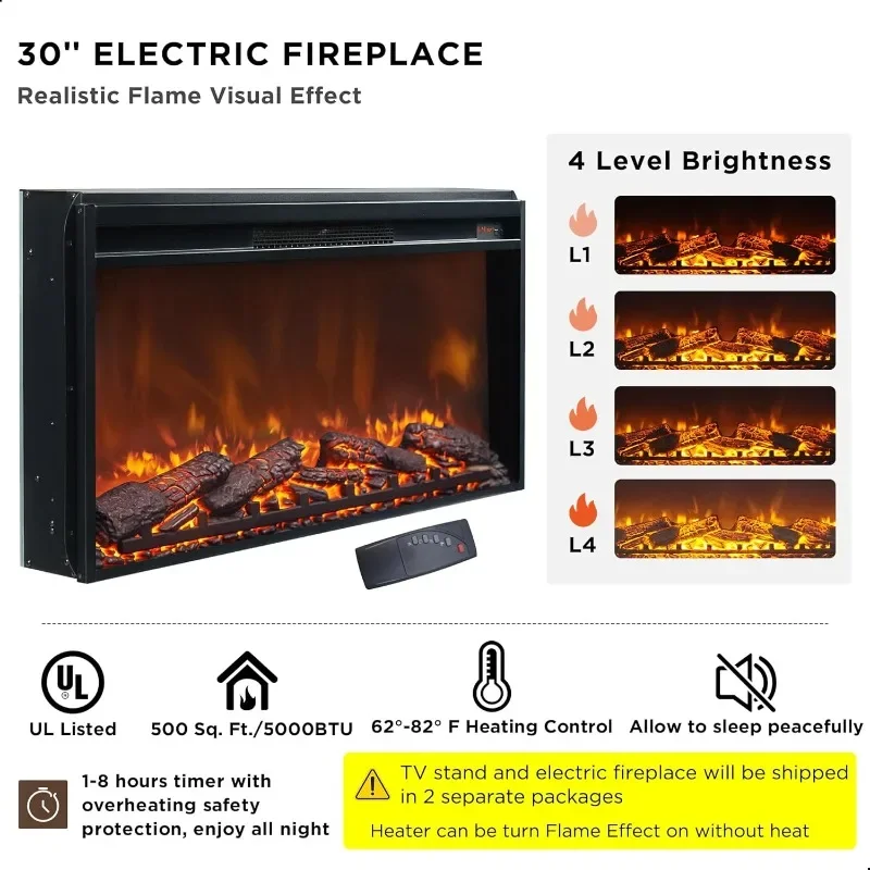 Suporte de TV com lareira de fazenda para TV de até 80 polegadas, centro de entretenimento com lareira elétrica de 30" para TV de 65 e 75 polegadas