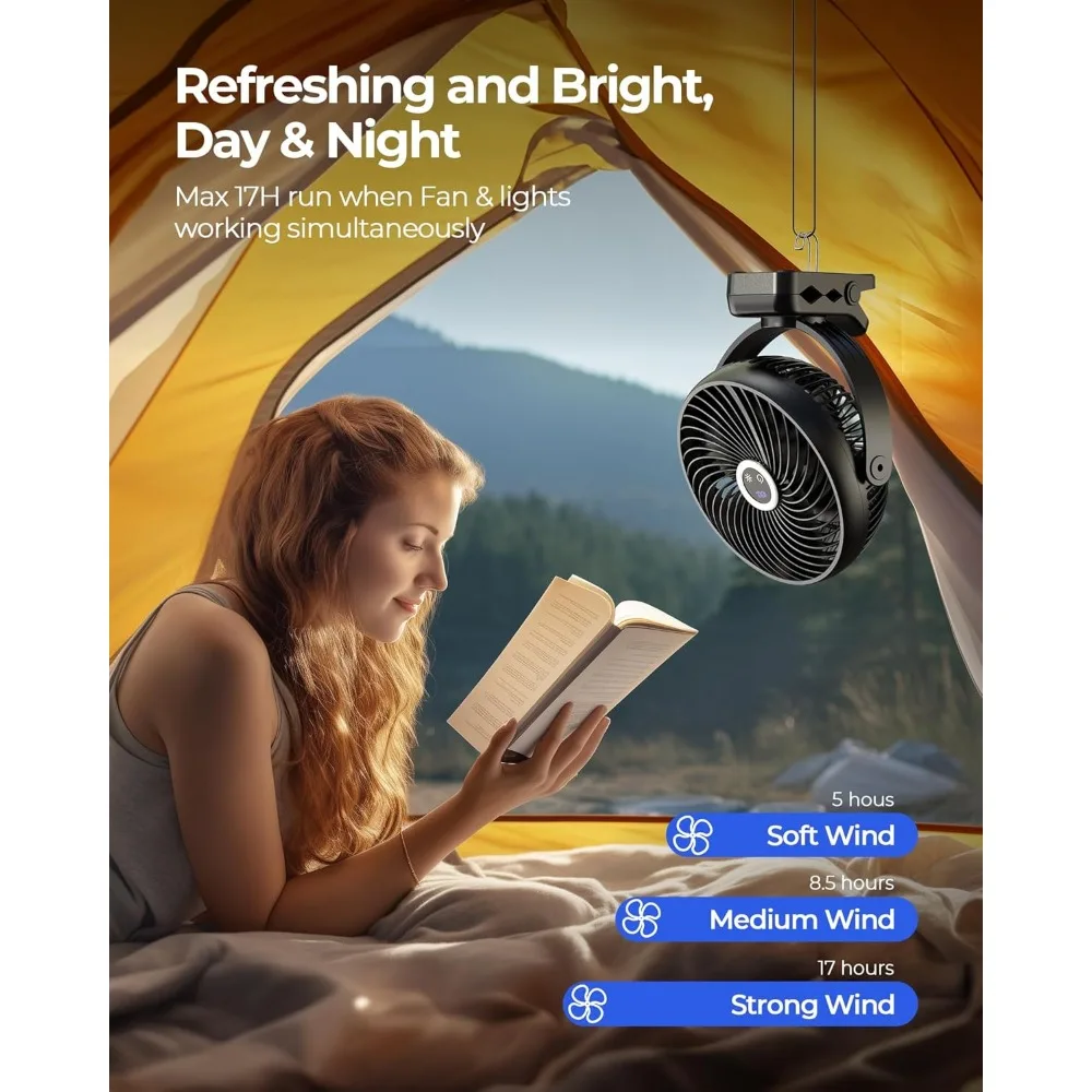 ポータブルクリップオンファンライト付き、充電式バッテリー駆動、24時間持続、静かなパーソナルキャンプファン、デジタルディスプレイ、10000mah