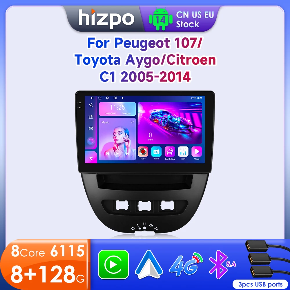 

Hizpo Car Radio For Peugeot 107 Toyota Aygo Citroen C1 2005 - 2014 Multimedia Player Wireless CarPlay Android Auto 2 Din WIFI BT