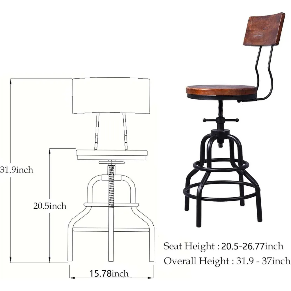 Taburete de bar giratorio ajustable de estilo vintage industrial con estructura de metal y respaldo de madera, juego de 2 sillas de altura para mostrador de cocina